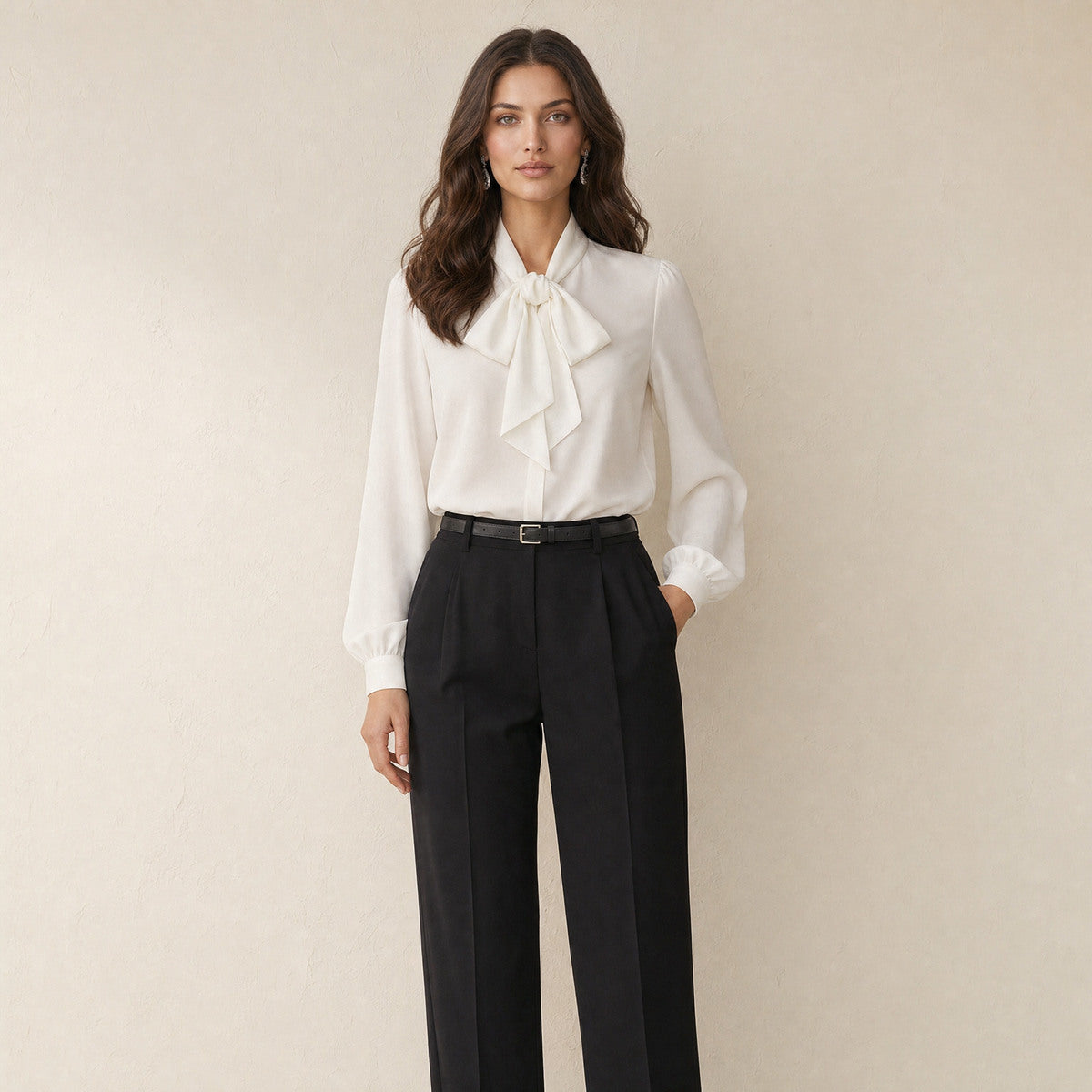 Model in witte strikblouse voor dames met ballonmouwen, losvallend, vooraanzicht