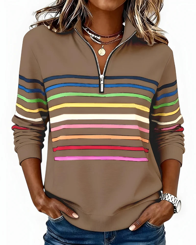 Women's striped quarter zip jumper in brown
