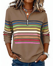 Women's striped quarter zip jumper in brown