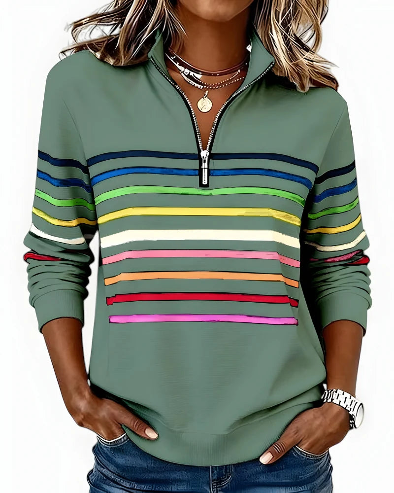 Women's striped quarter zip jumper in sage green