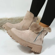 Women's suede-look ankle boots with faux fur trim and side zip