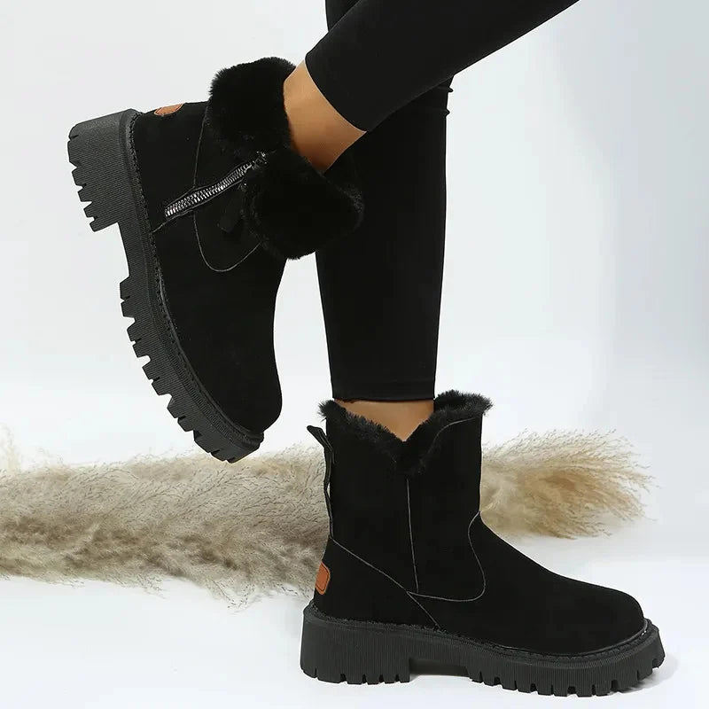 Women's suede-look ankle boots with faux fur trim and side zip