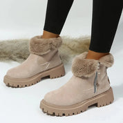 Women's suede-look ankle boots with faux fur trim and side zip in beige