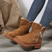 Women's suede-look ankle boots with faux fur trim and side zip in brown