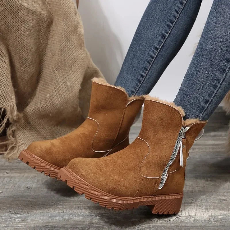Women's suede-look ankle boots with faux fur trim and side zip in brown