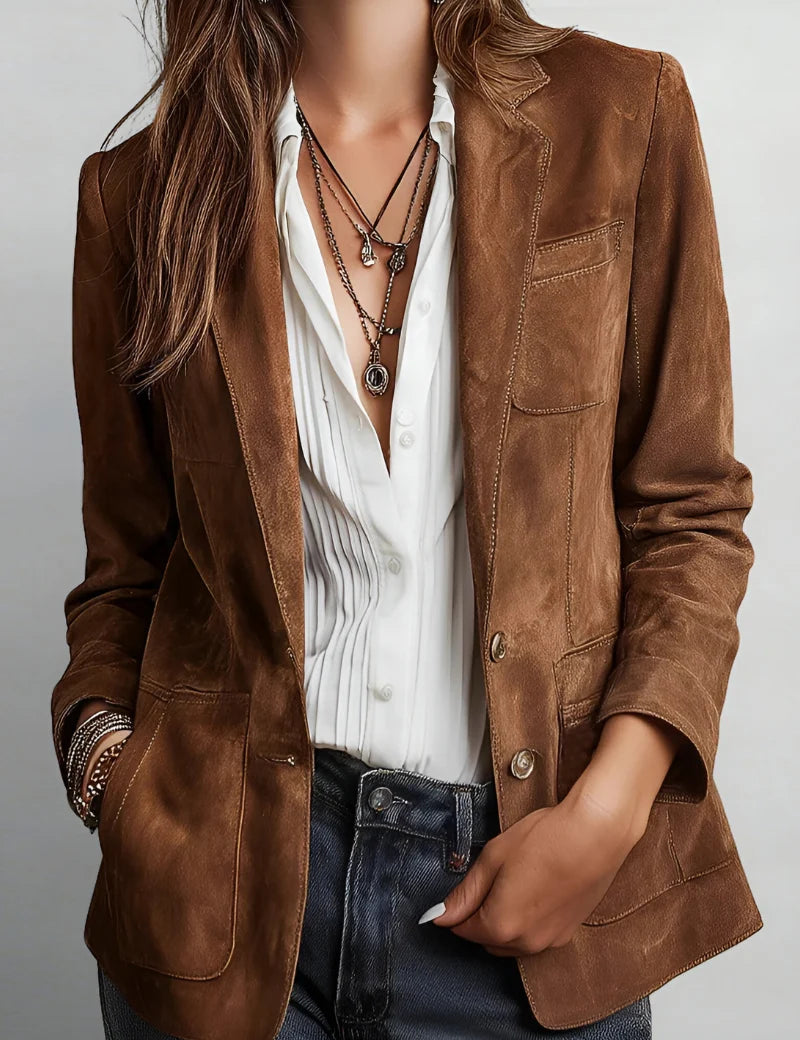 Women's suede-look blazer with fitted cut in brown