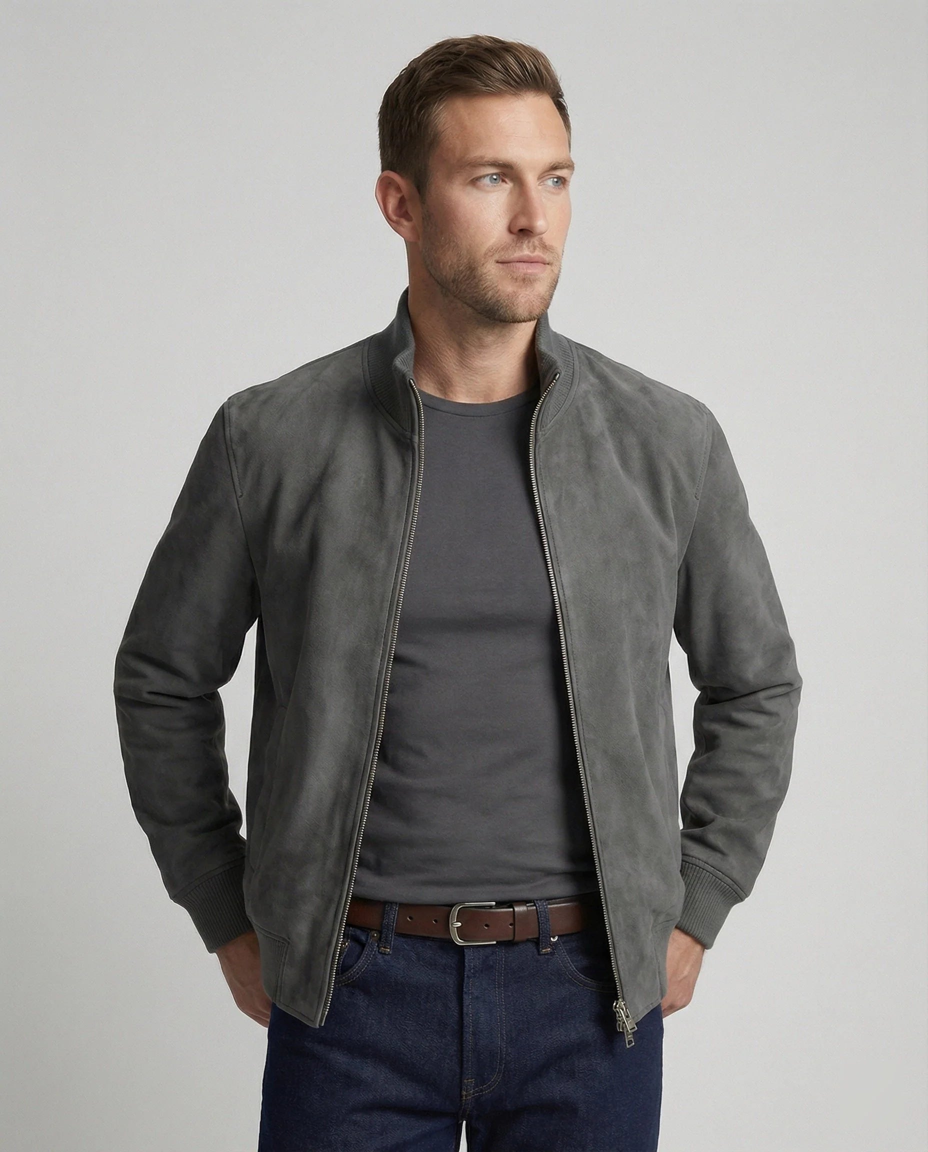 Men's suede-look bomber jacket with ribbed collar and side pockets