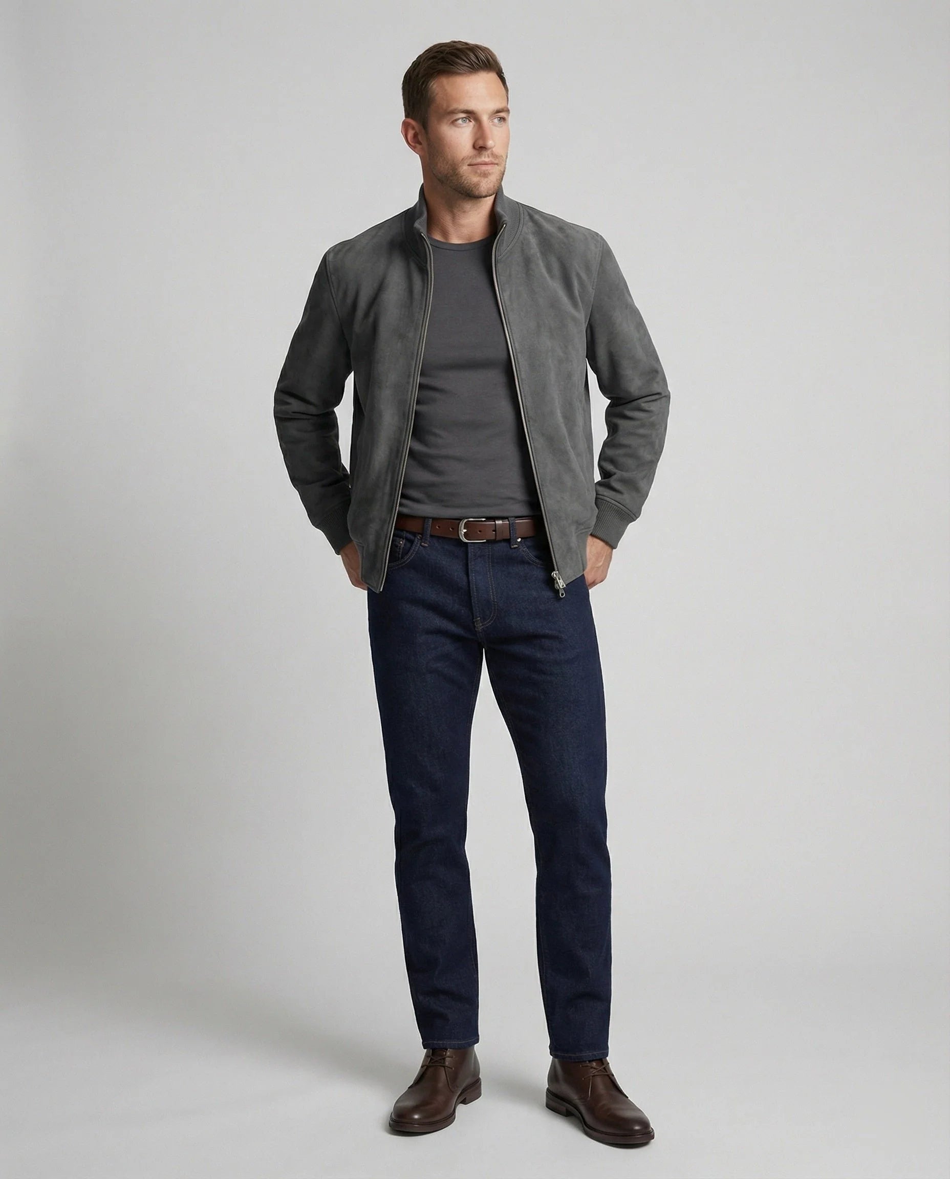 Men's suede-look bomber jacket with ribbed collar and side pockets