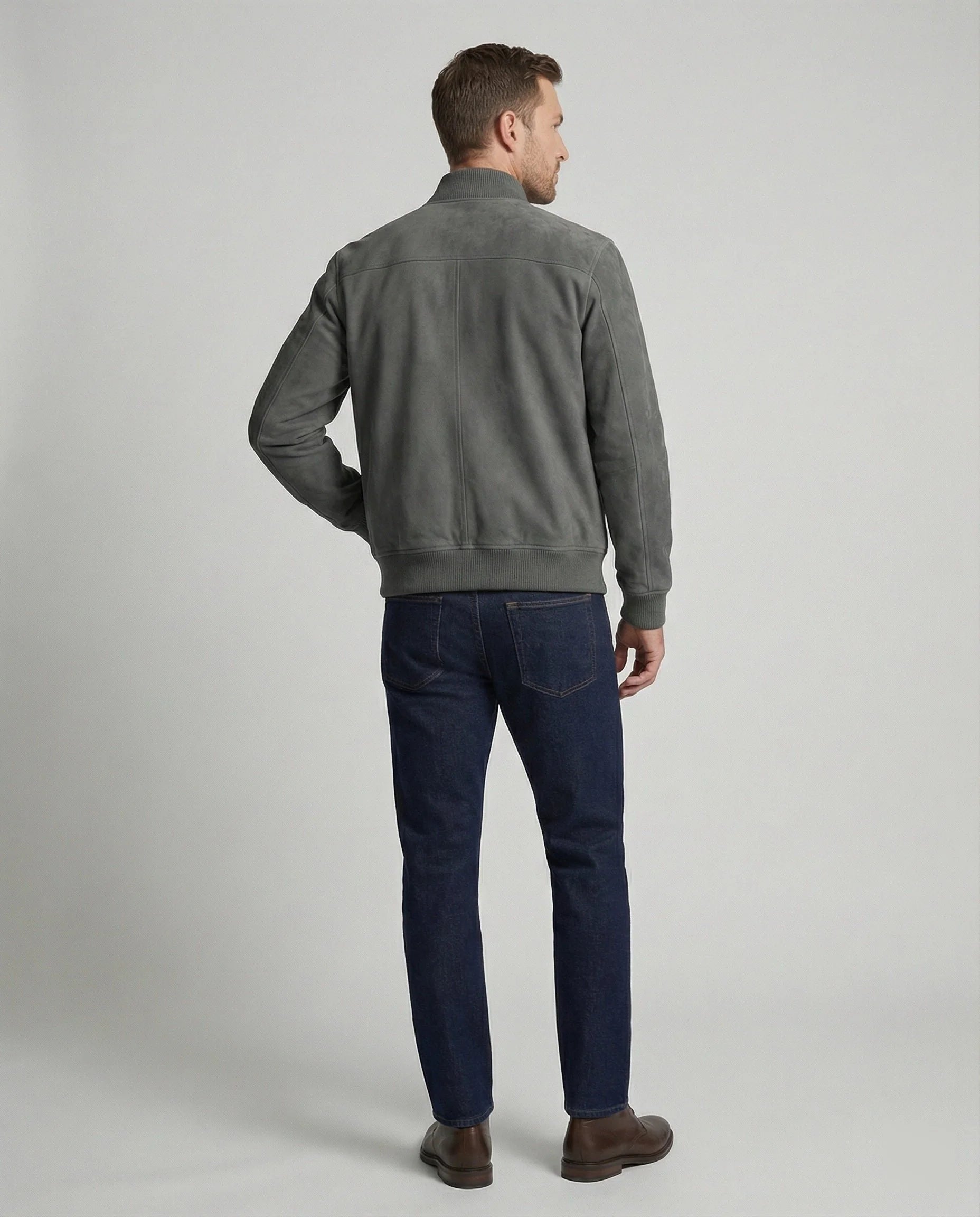 Men's suede-look bomber jacket with ribbed collar and side pockets