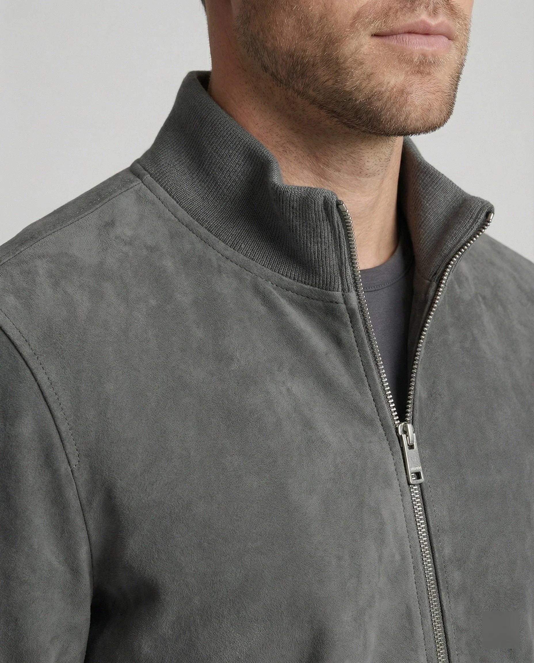 Men's suede-look bomber jacket with ribbed collar and side pockets