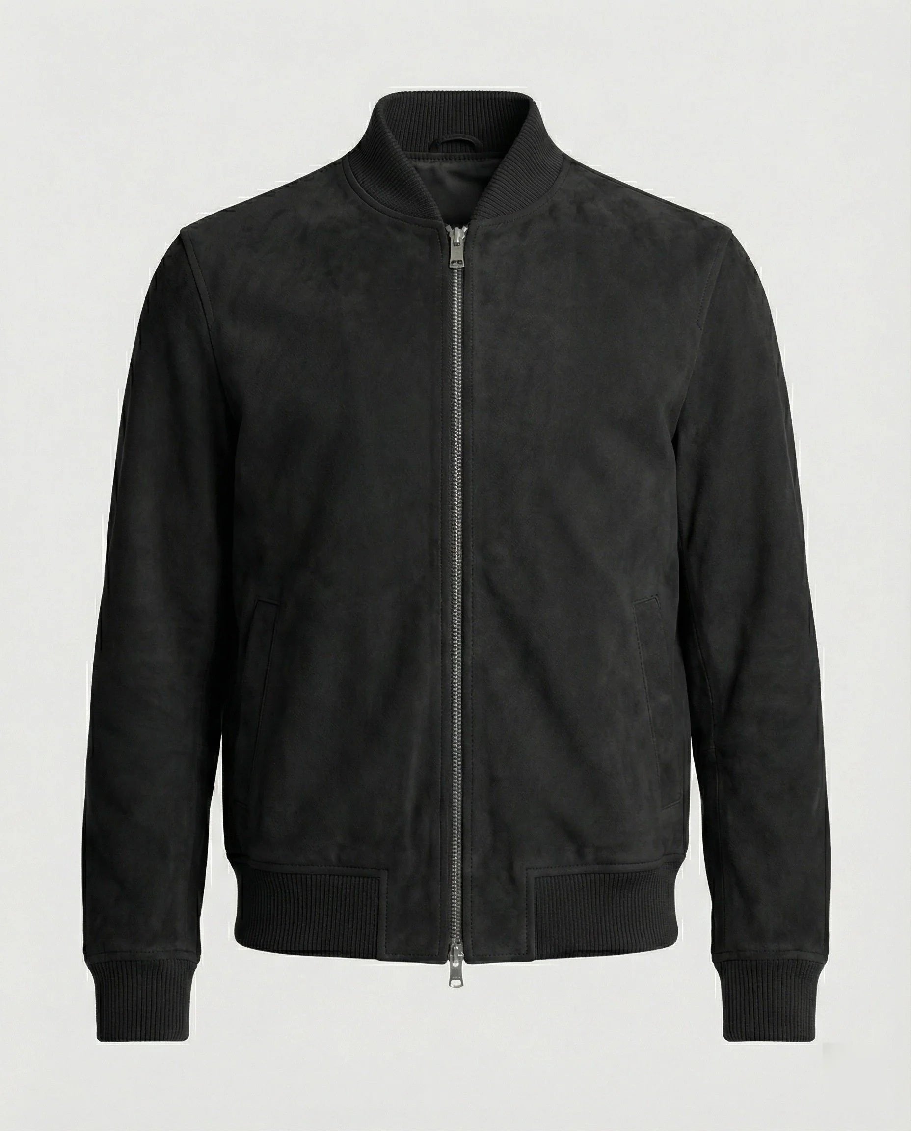 Men's suede-look bomber jacket with ribbed collar and side pockets in black