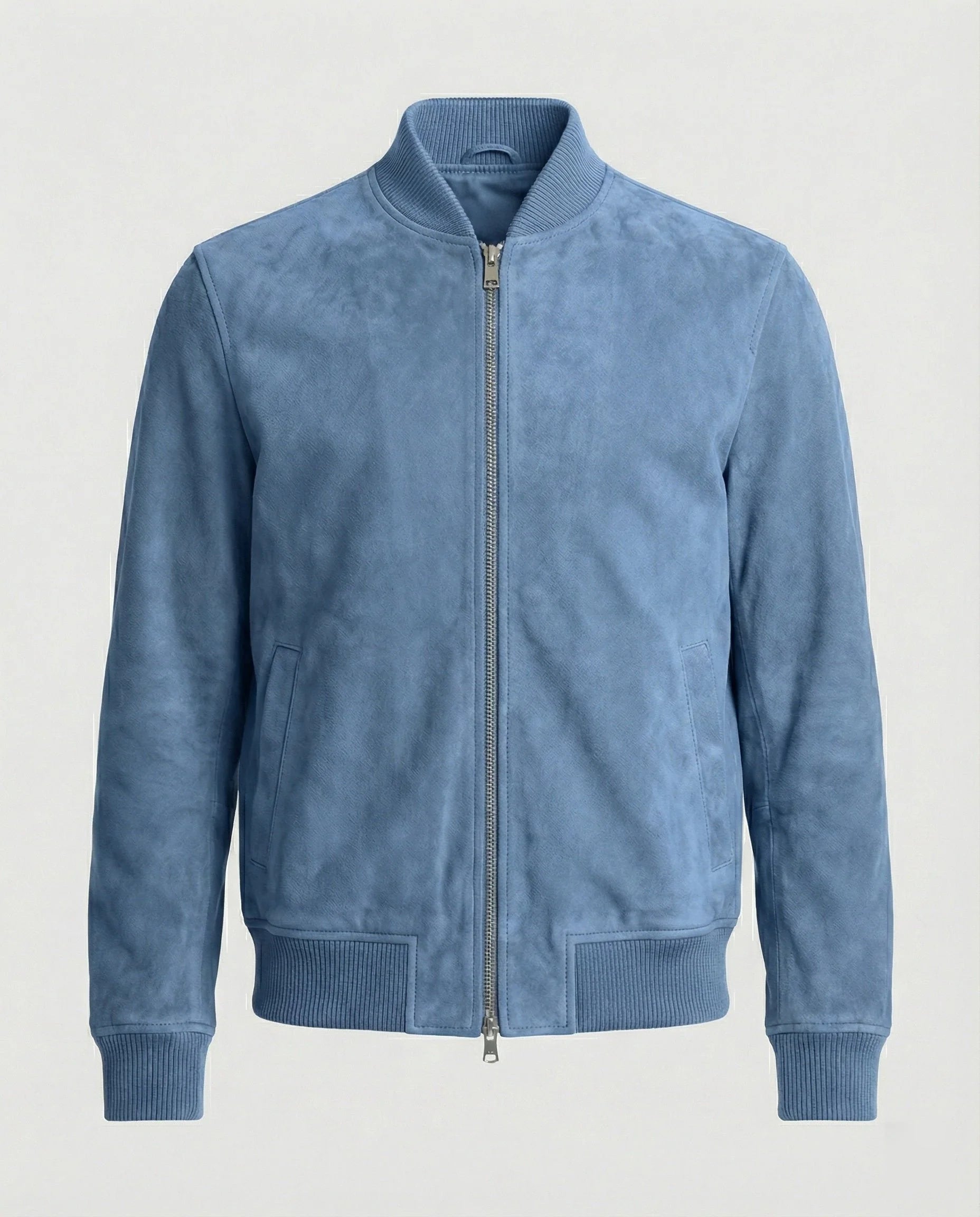 Men's suede-look bomber jacket with ribbed collar and side pockets in blue