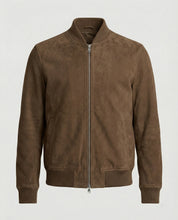 Men's suede-look bomber jacket with ribbed collar and side pockets in brown