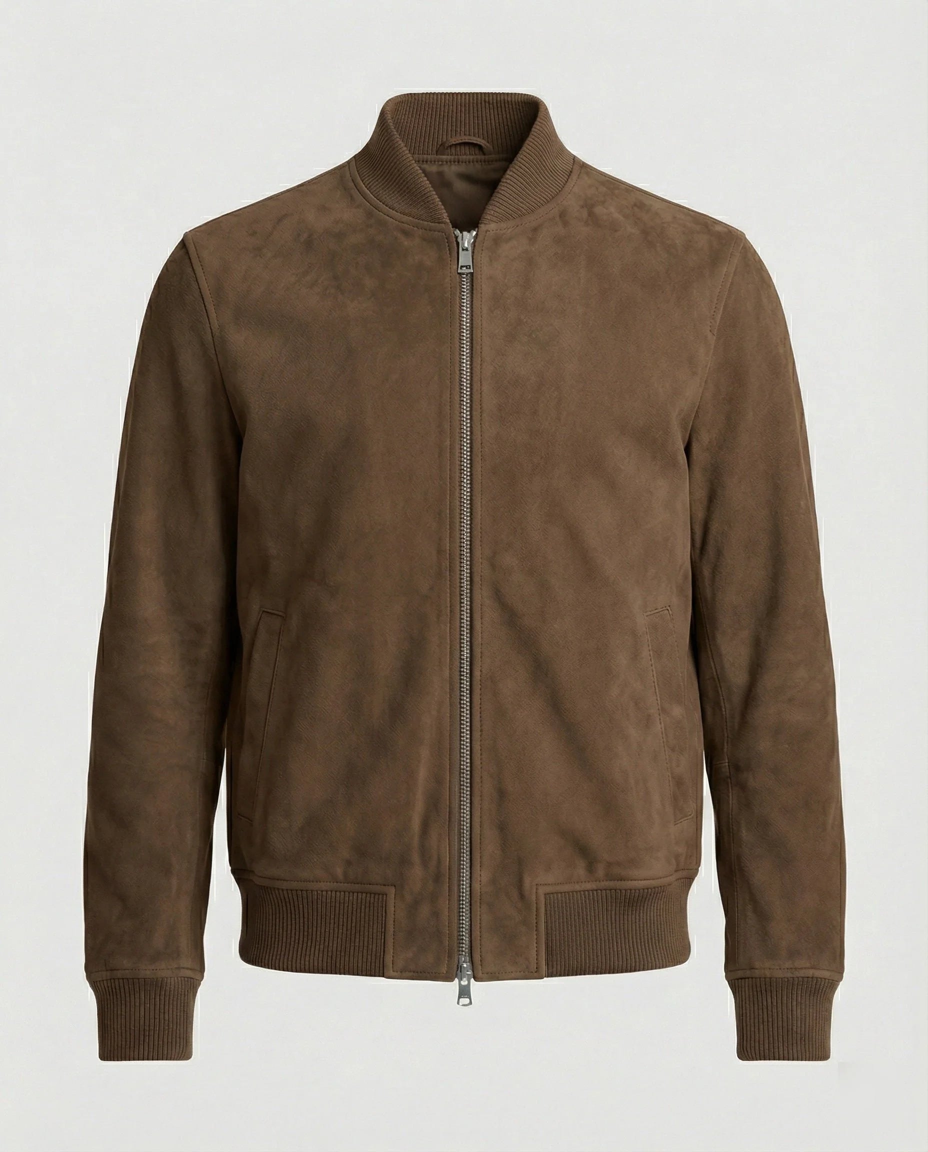 Men's suede-look bomber jacket with ribbed collar and side pockets in brown