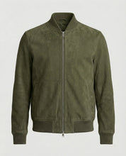 Men's suede-look bomber jacket with ribbed collar and side pockets in green