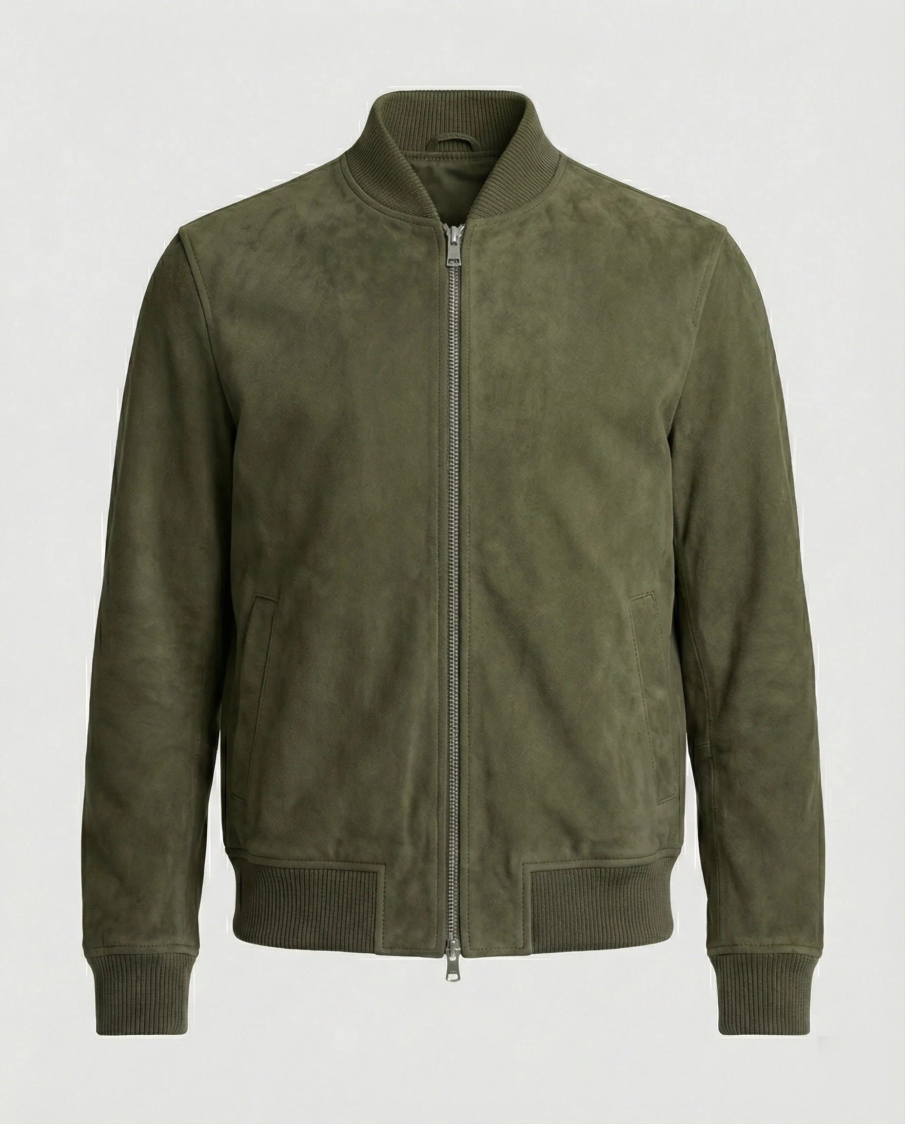Men's suede-look bomber jacket with ribbed collar and side pockets in green