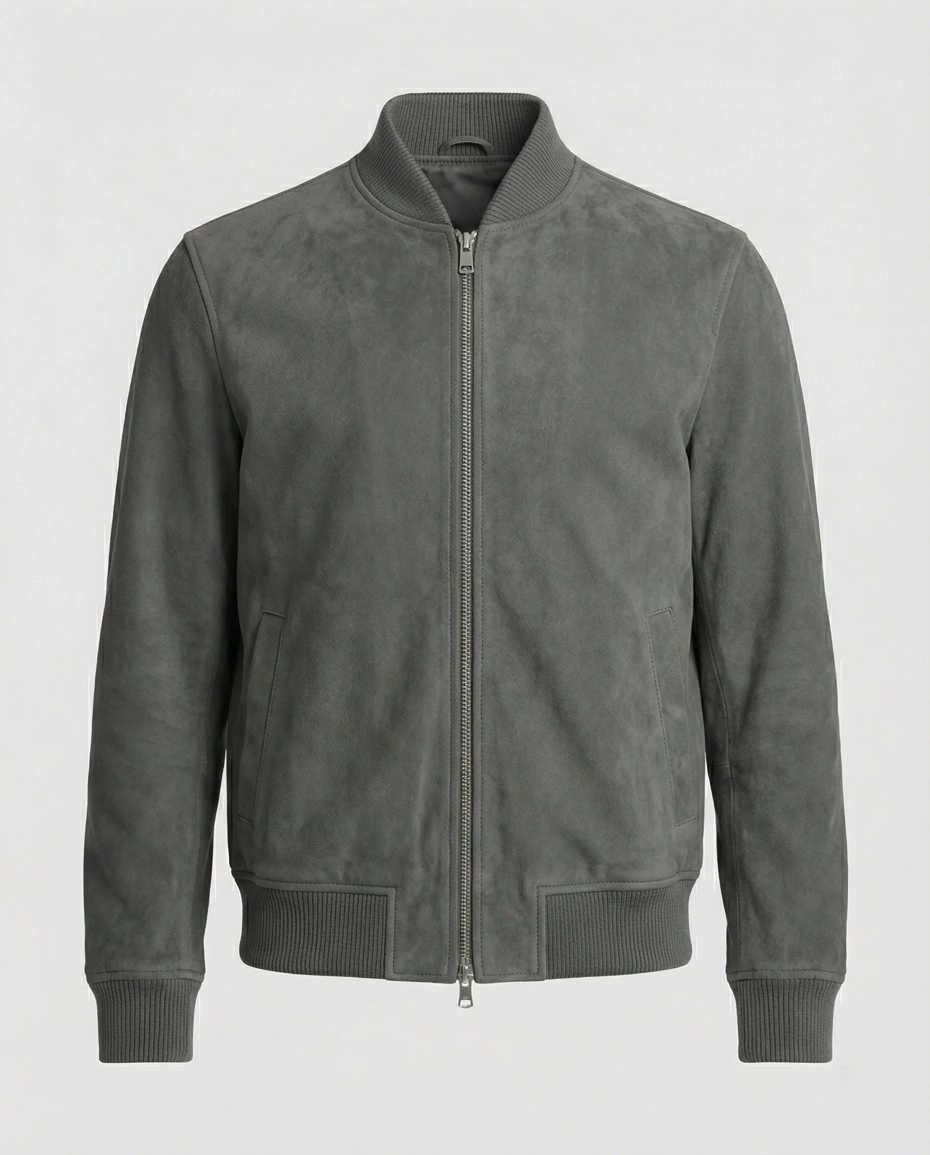 Men's suede-look bomber jacket with ribbed collar and side pockets in grey