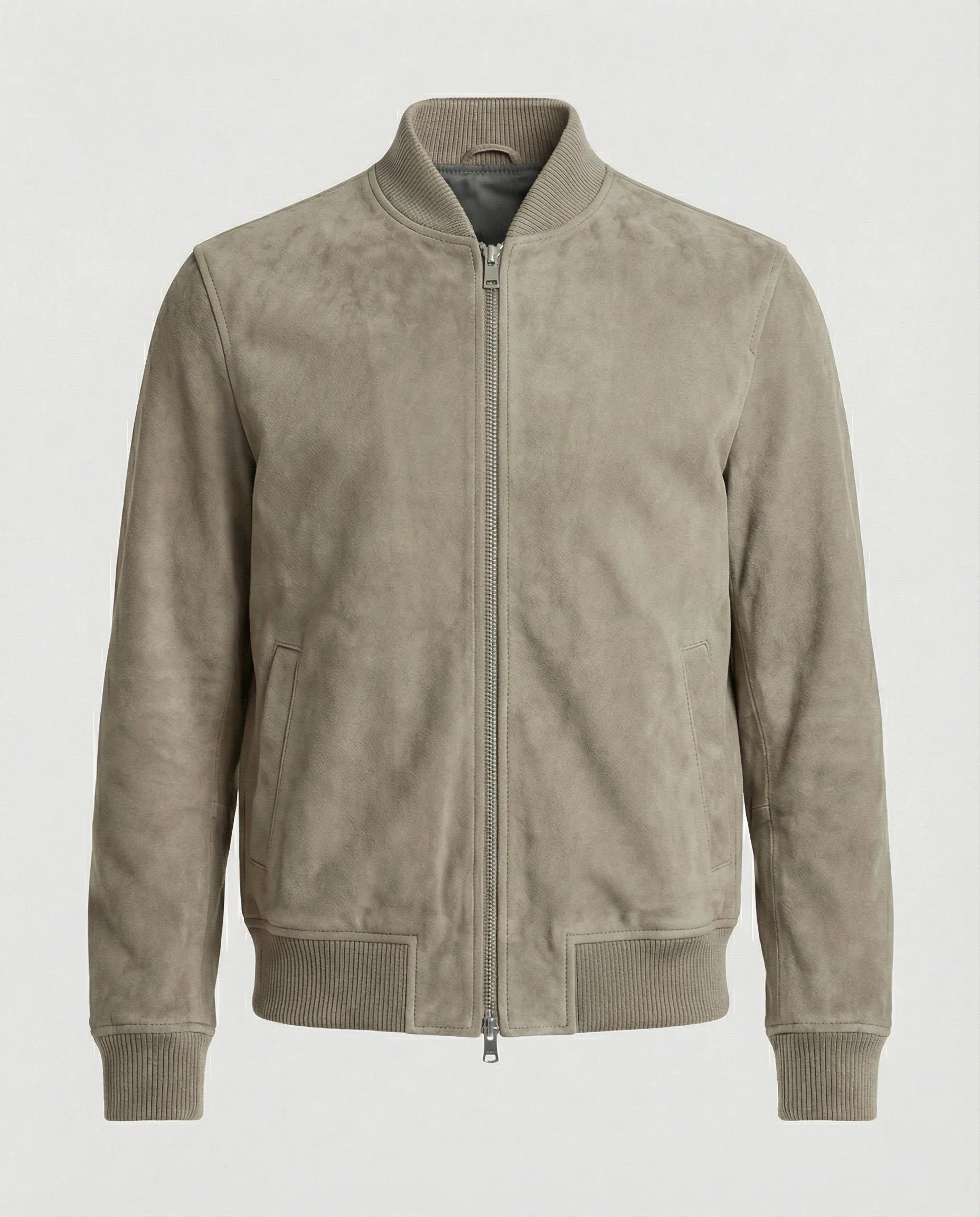 Men's suede-look bomber jacket with ribbed collar and side pockets in khaki