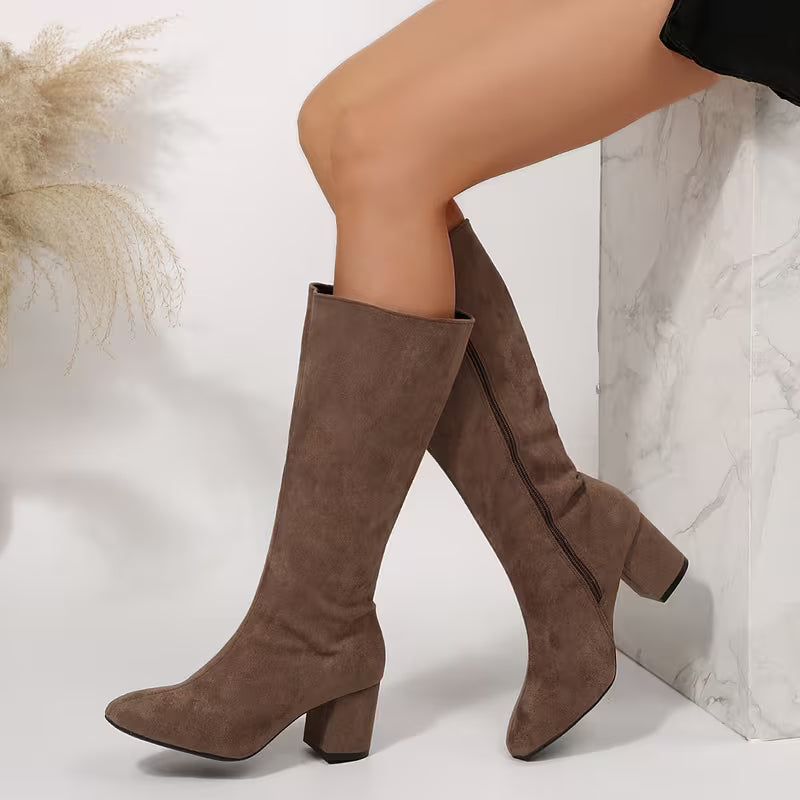 Women's suede-look knee-high boots with block heel in brown