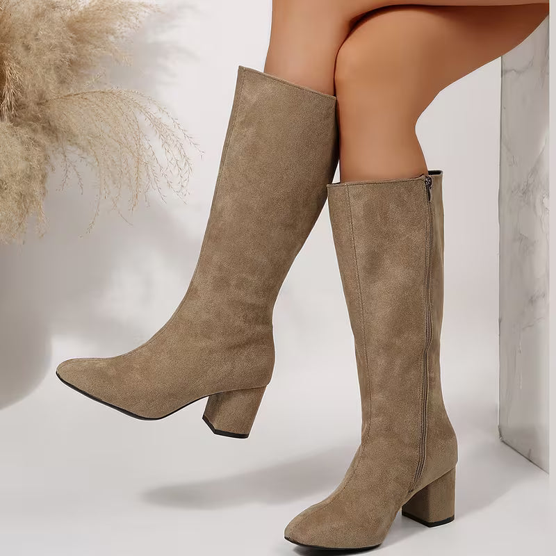 Women's suede-look knee-high boots with block heel in khaki