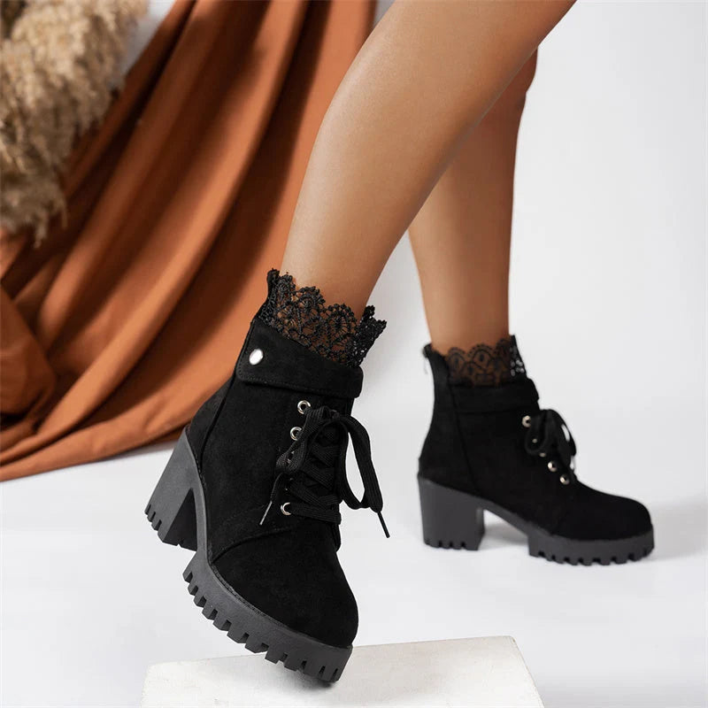 Women's suede-look lace-up ankle boots with block heel