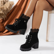 Women's suede-look lace-up ankle boots with block heel in black