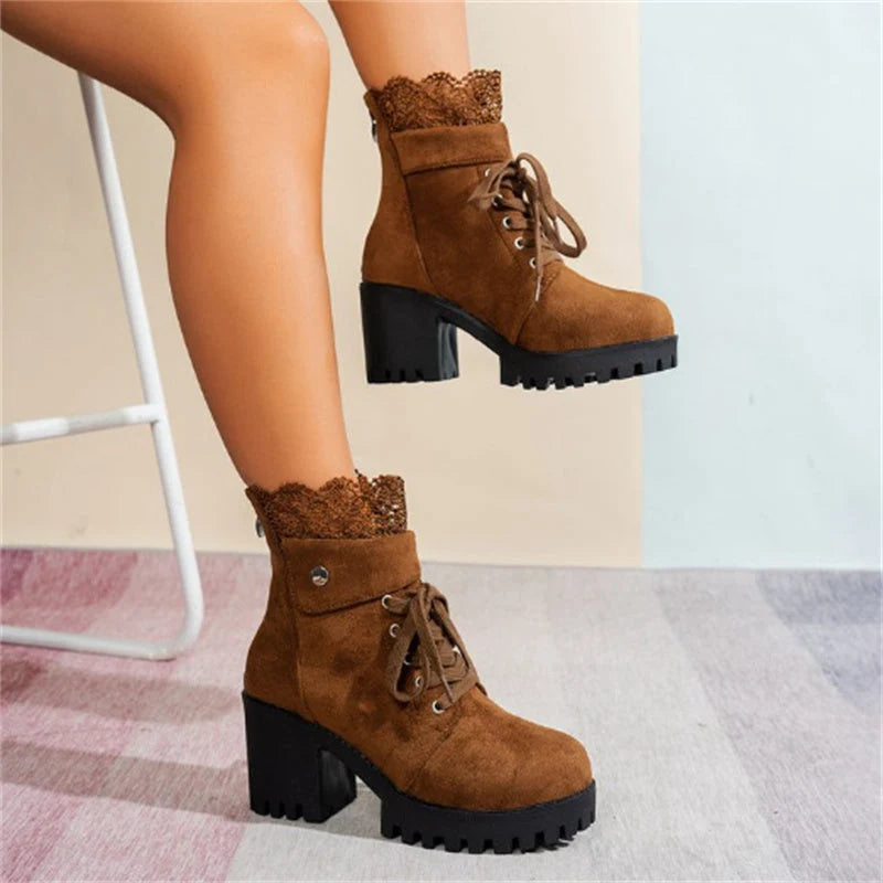 Women's suede-look lace-up ankle boots with block heel in brown