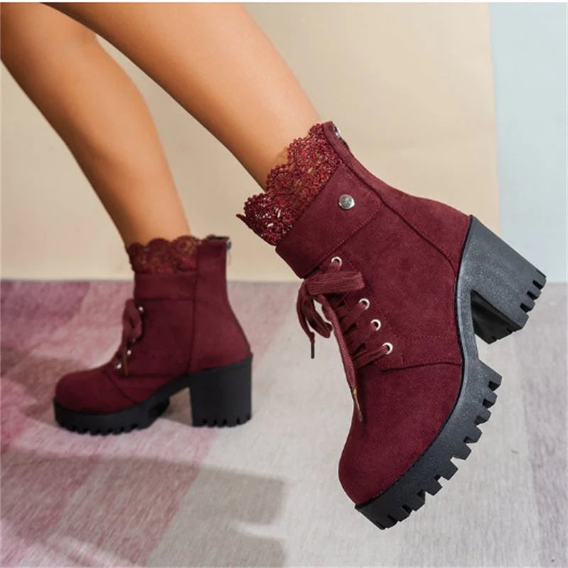 Women's suede-look lace-up ankle boots with block heel in burgundy