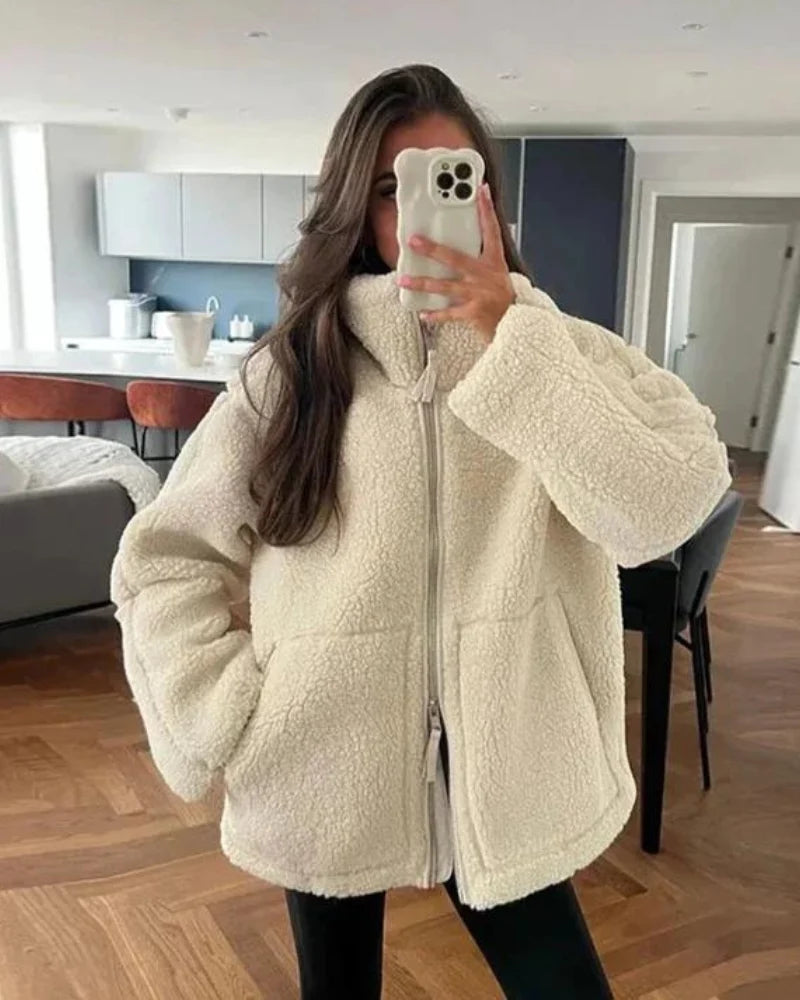 Women's cotton blend teddy coat in cream