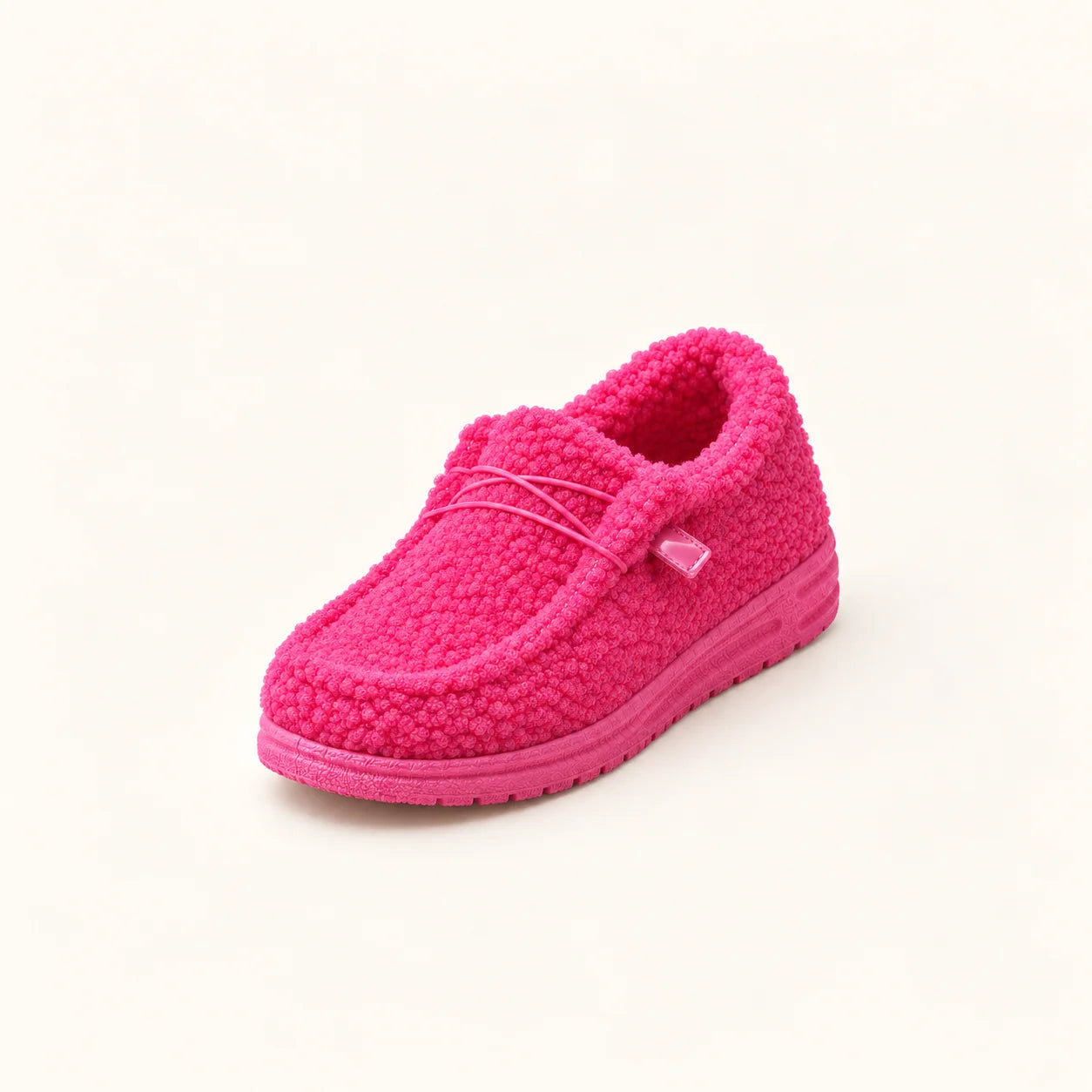 Women's teddy slippers with closed toe and sturdy sole in fuchsia