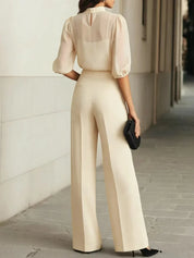 Women's three-piece set with sheer blouse and wide leg trousers