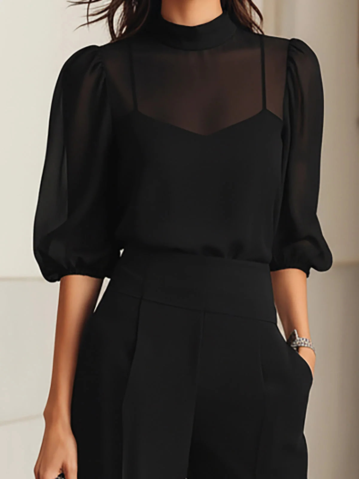 Women's three-piece set with sheer blouse and wide leg trousers