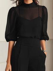 Women's three-piece set with sheer blouse and wide leg trousers