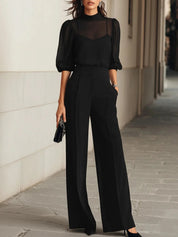 Women's three-piece set with sheer blouse and wide leg trousers in black