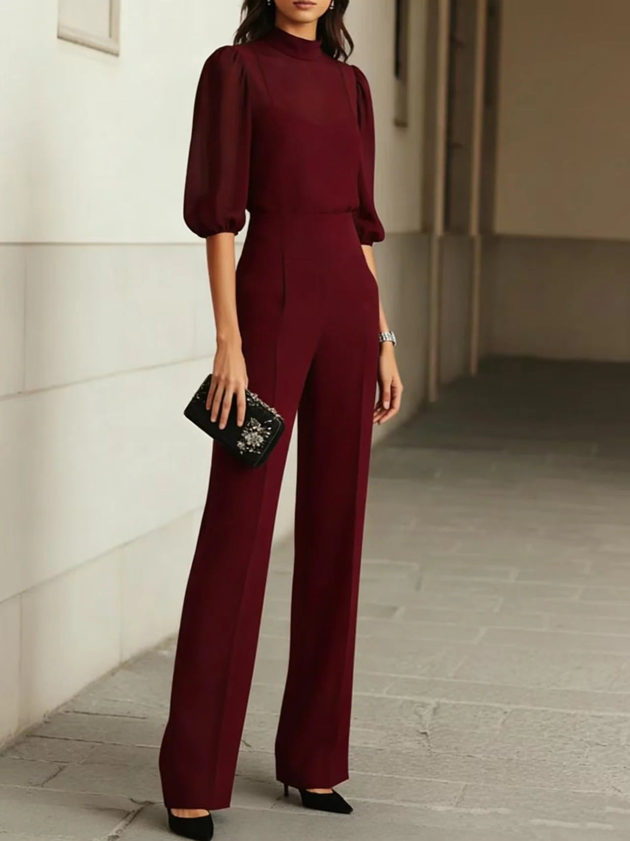 Women's three-piece set with sheer blouse and wide leg trousers in burgundy