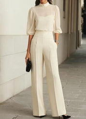 Women's three-piece set with sheer blouse and wide leg trousers in cream
