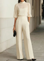 Three-piece set for women with sheer blouse and wide leg trousers