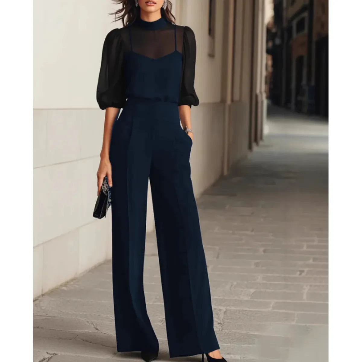 Women's three-piece set with sheer blouse and wide leg trousers in navy