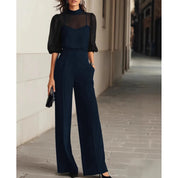 Women's three-piece set with sheer blouse and wide leg trousers in navy