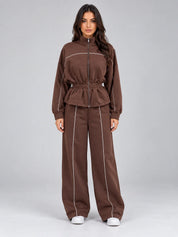 Women's tracksuit with zip jacket and wide leg trousers in brown
