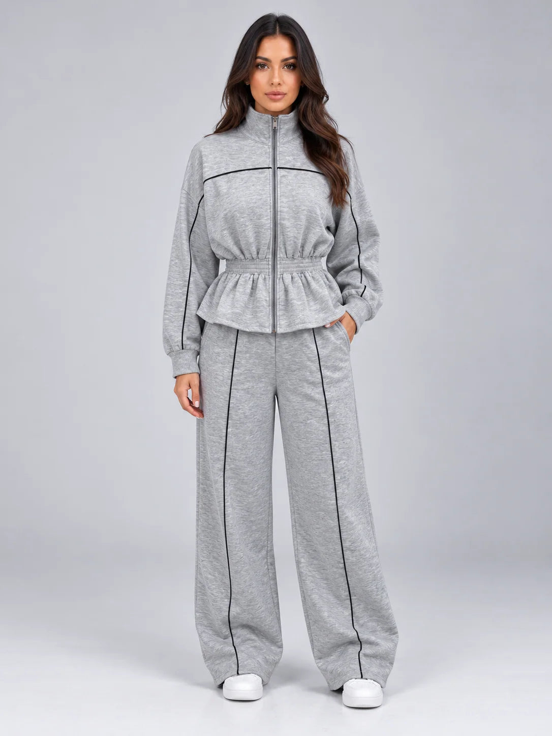 Women's tracksuit with zip jacket and wide leg trousers in grey