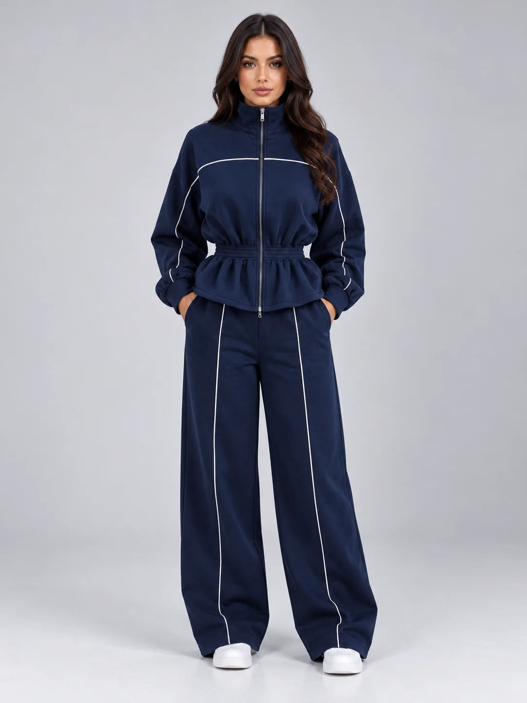 Women's tracksuit with zip jacket and wide leg trousers in navy