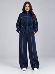 Women's tracksuit with zip jacket and wide leg trousers in navy