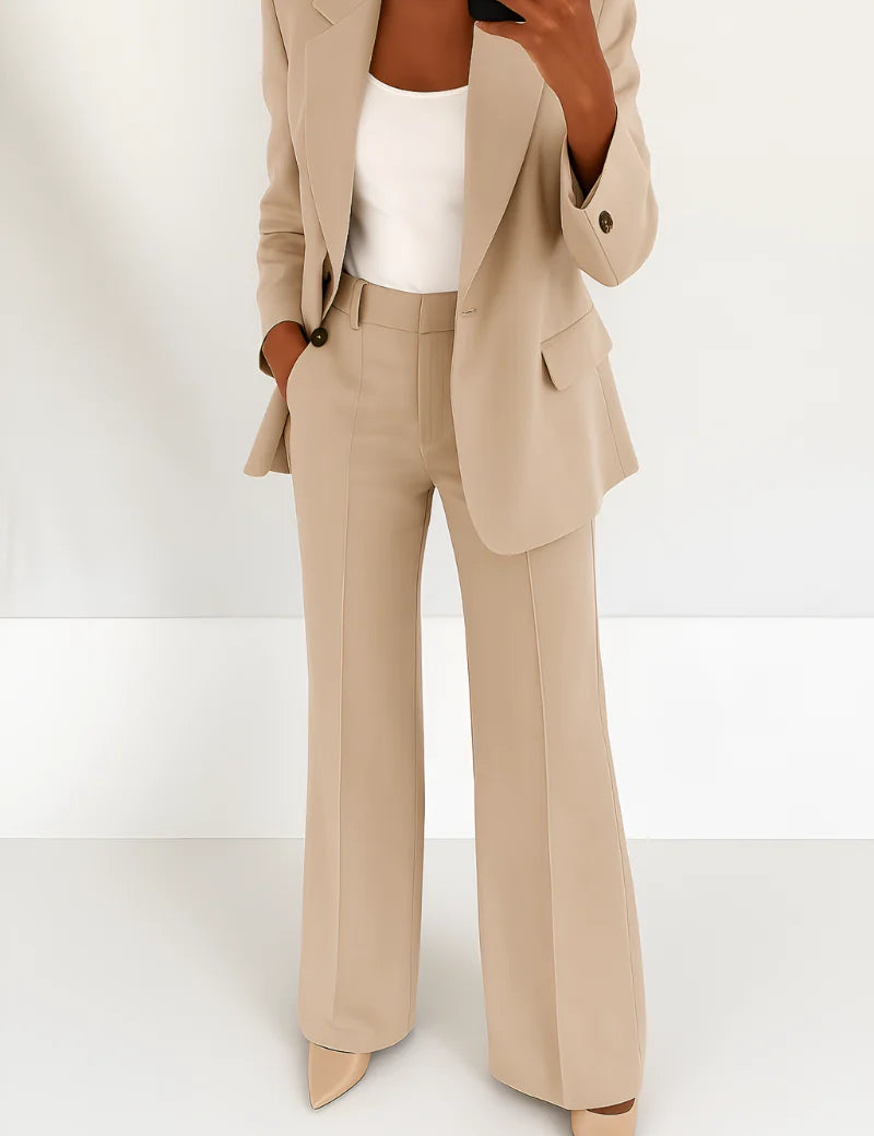 Women's two-piece trouser suit with blazer and wide leg trousers in beige