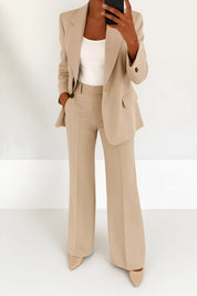 Women's two-piece trouser suit with blazer and wide leg trousers in beige