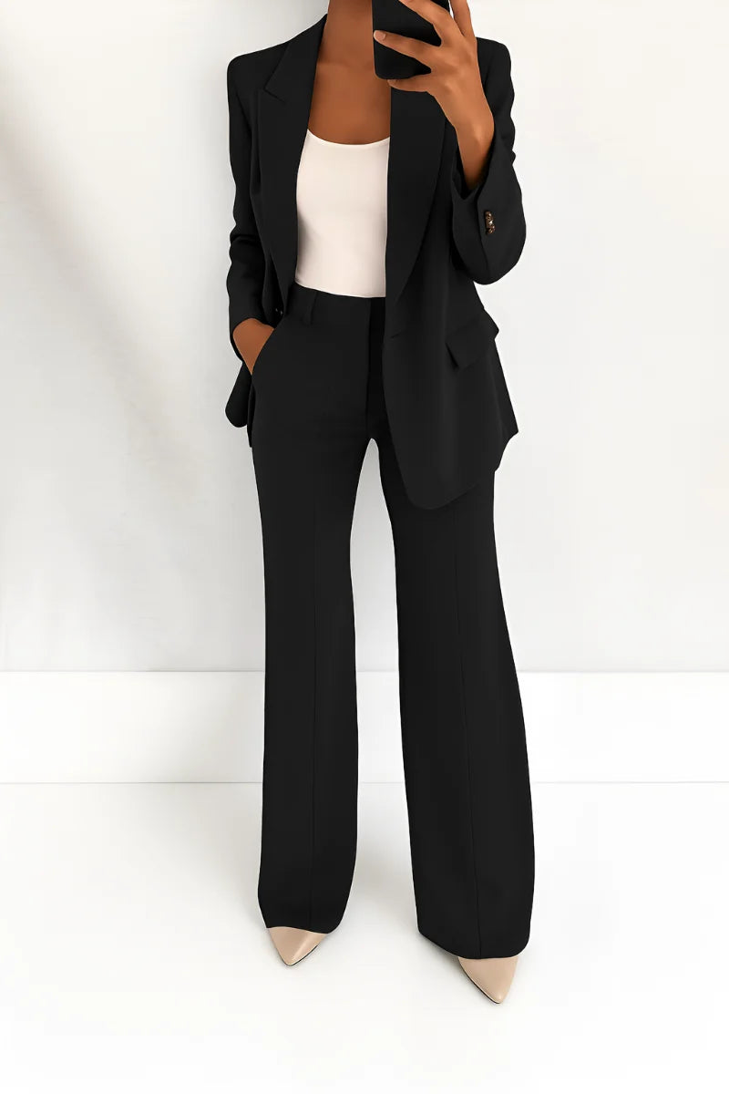 Women's two-piece trouser suit with blazer and wide leg trousers in black