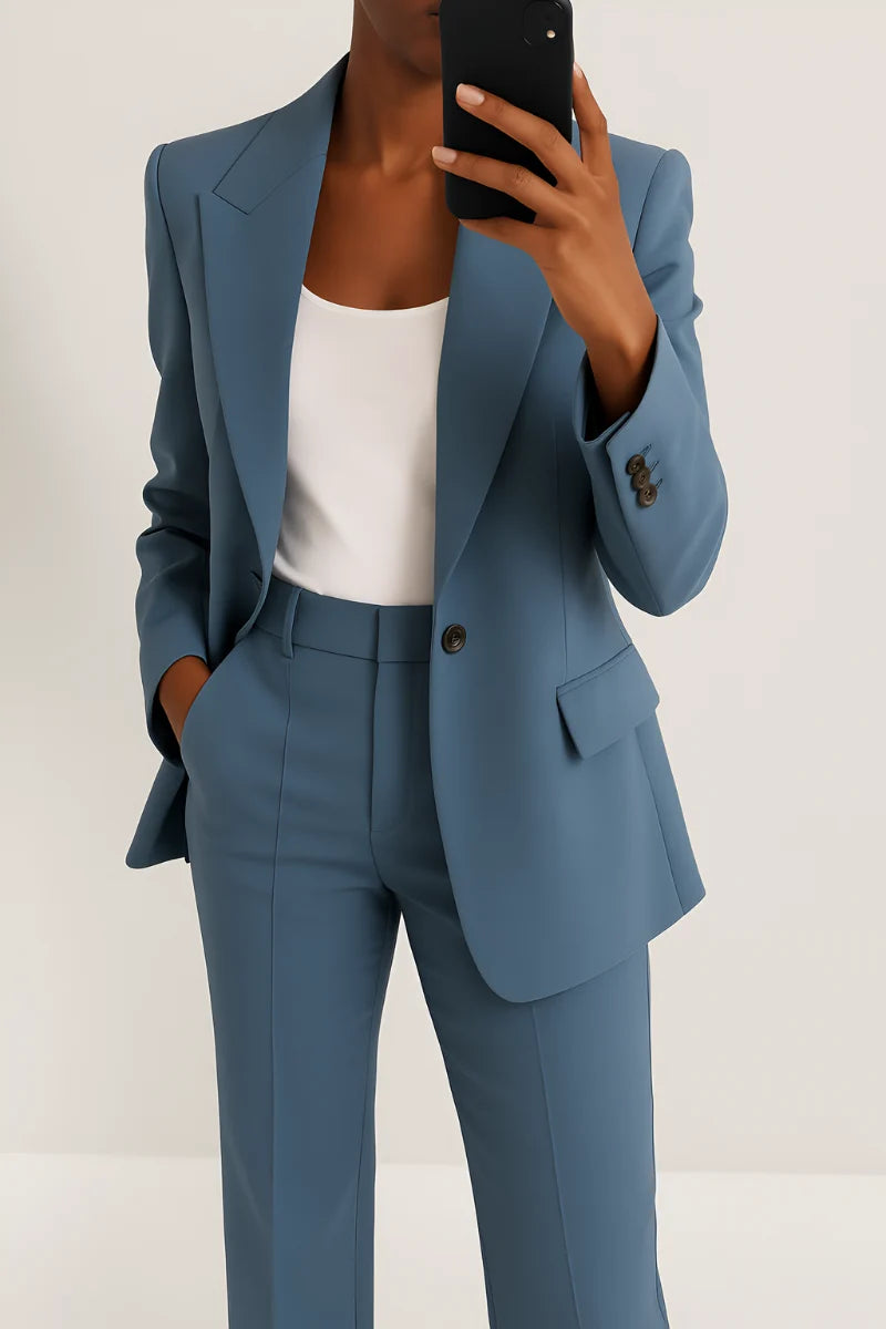 Women's two-piece trouser suit with blazer and wide leg trousers in blue