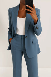 Women's two-piece trouser suit with blazer and wide leg trousers in blue