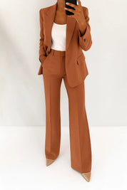 Women's two-piece trouser suit with blazer and wide leg trousers in brown