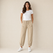 Model in kaki pantalon met trekkoord dames, vooraanzicht